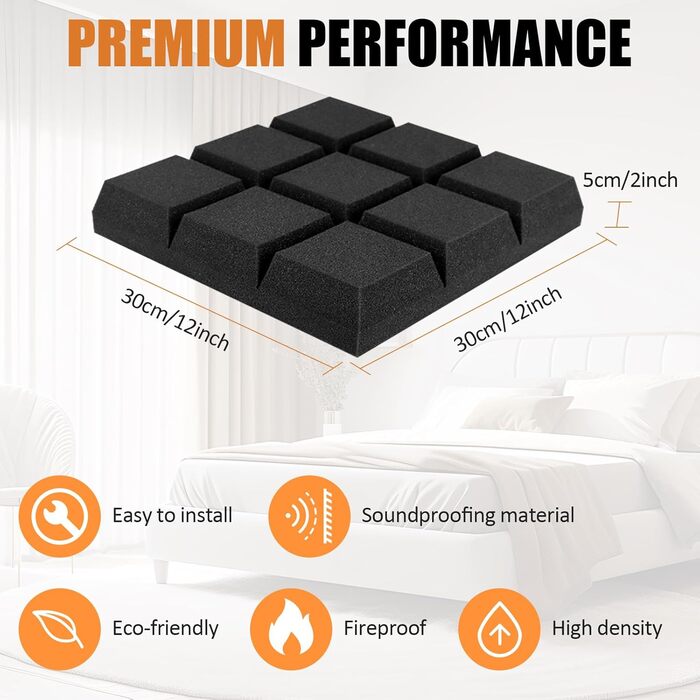 Акустичний поролон для звукоізоляції стін, панелі-поглиначі шуму 30x30x3 см, високощільний шумопоглинаючий матеріал для студії, офісу та кімнати запису, чорний (12 шт.)