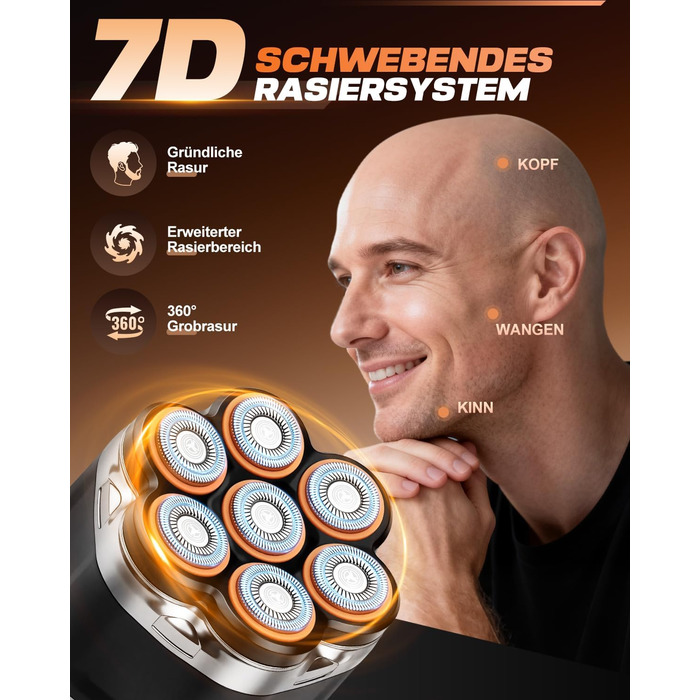 Електрична бритва для голови Glatzenrasierer Herren 7D з LED дисплеєм, водонепроникна (IPX5), чорна