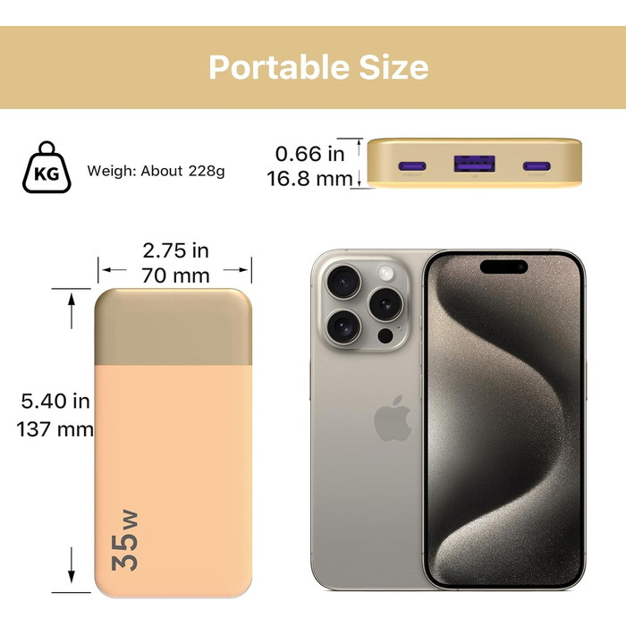 Power Bank NOBIS 35W 10000mAh з цифровим дисплеєм, USB-C, PD, QC, для смартфонів, планшетів, камер (Оранжевий)