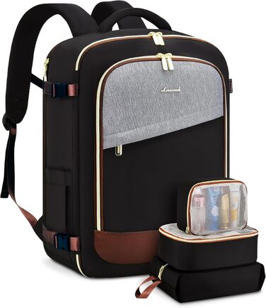LOVEVOOK Рюкзак для ручної поклажі, 40L, водонепроникний, для подорожей, з відділенням для взуття, для ноутбука (17.3 дюймів), чорний+сірий+коричневий