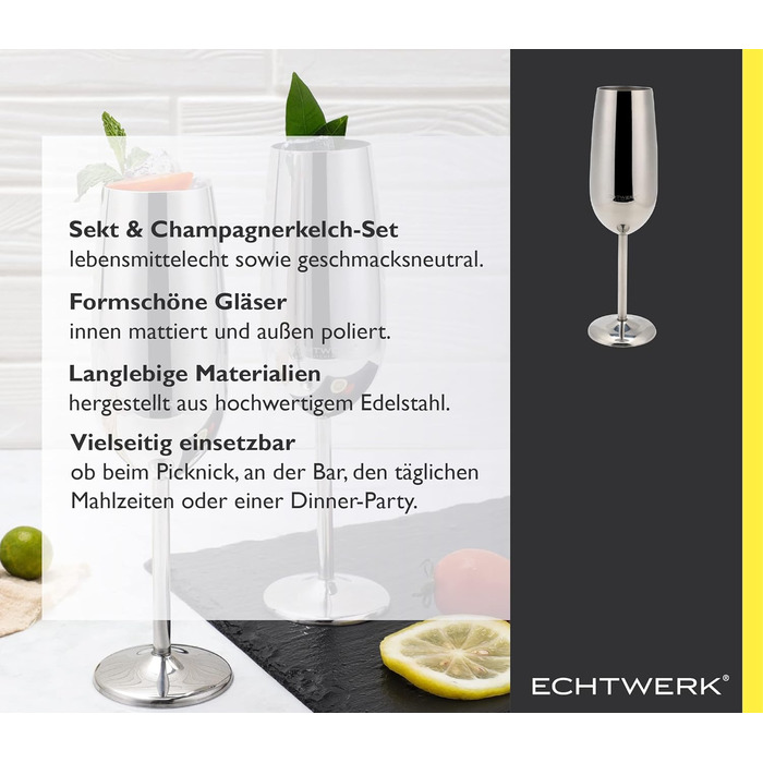 Склянки для шампанського та ігристих вин Echtwerk: нерозбивні, з нержавіючої сталі, 2 шт., 250 мл, срібна серія (набір)