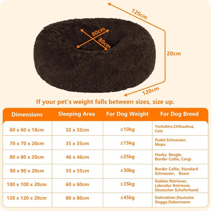 Ортопедичне ліжко для собак HMTOPE: кругла подушка, собаче ліжко, диван для котів, донат, м'яке гніздо, 70 см Ø, (120 x 120 x 20 см), коричневий