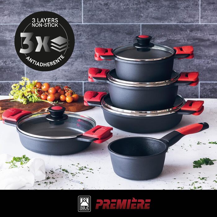Набір кухонного посуду BRA Premiere 9 предметів з антипригарним покриттям, з алюмінію, знімні ручки, PFOA-free, для всіх типів плит та духовок