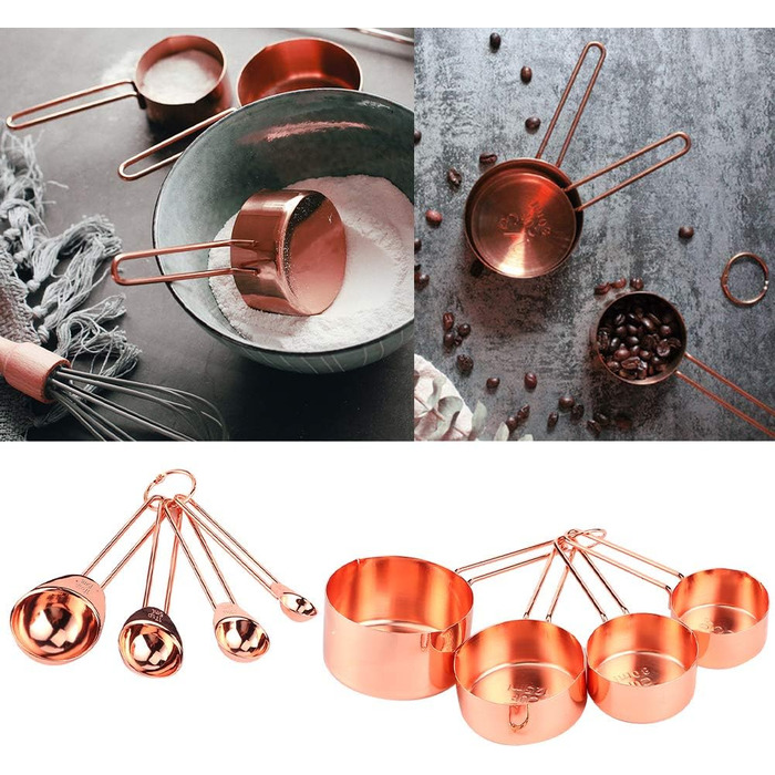 8-Piece Measuring Cup and Spoon Set, Stainless Steel Measuring Spoons with Buckle, Kitchen Baking Accessories for Milk-Tea Shops, Bars, Cafés, Kitchen Utensils (Color: Rose Gold)