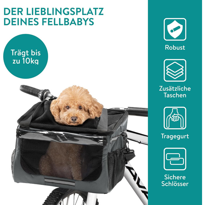 Корзина для собак Navaris на велосипед - сіра, до 10 кг, з додатковими кишенями