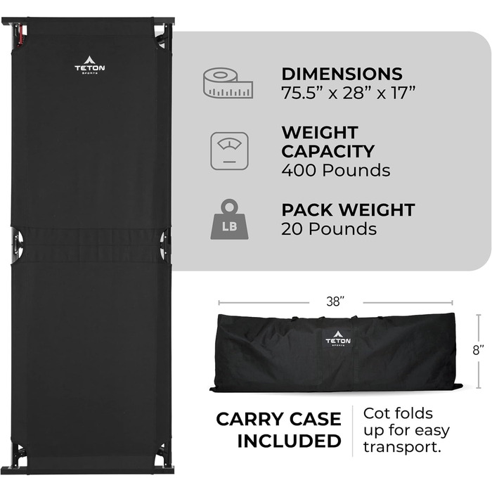 Кемпінгове ліжко TETON Sports Adventurer Limited Edition для дорослих, чорне | Розмір 75.5' x 25'