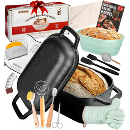Чавунна форма для випічки хліба з кришкою та кошиком для бродіння – Dutch Oven 4.6л для хліба на заквасці – комплект для випікання, тушкування та смаження – для індукції та духовки