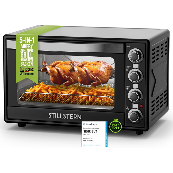 Міні-піч Stillstern 60L з конвекцією, Pizza Ø40, CYCLONE PRO+ з антипригарним покриттям, розморожування, таймер 2год, для кемпінгу, гриль з насадкою