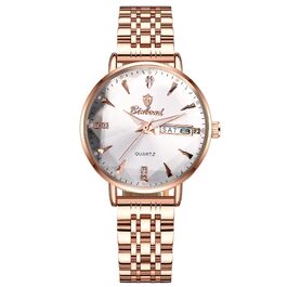 Жіночий годинник JewelryWe Rosegold: аналоговий кварцовий годинник зі сталевим браслетом, водонепроникність 30м, календар, підсвічування стрілок та гранійним склом (Рожеве золото - Білий)