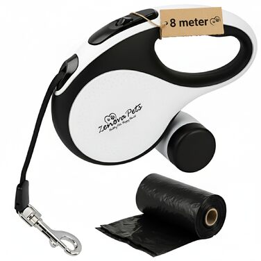 Рулетка для собак 8 м з тримачем для відходів – міцна витяжна повідка для маленьких, середніх та великих собак – повідка з нейлоновим шнуром 360°, антиковзний руків'я та кнопка швидкого гальмування 8 м