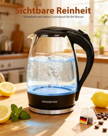 Електричний чайник Aigostar Adam, 1.7 л, 2200 Вт, LED, скло, без BPA, з фільтром від накипу, чорний