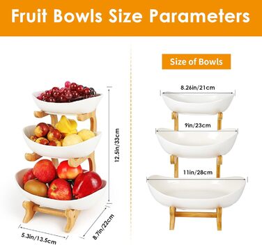 Керамічна етажерка для фруктів Diealles з 3 ярусами, бамбуковий підставник, для сім'ї, стабільна, сумісна з овочами та снеками