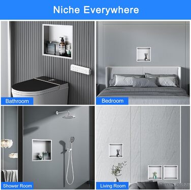 KINKIBOS Wall Niche Shower Stainless Steel, No Tiles Required, Recessed Shower Niche 30 x 30 x 10 cm, Shower Niche Single Shelf Storage