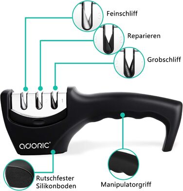 Точилка для ножів Adoric з 3 ступенями, вольфрамовий сталь, діамант, кераміка, чорна