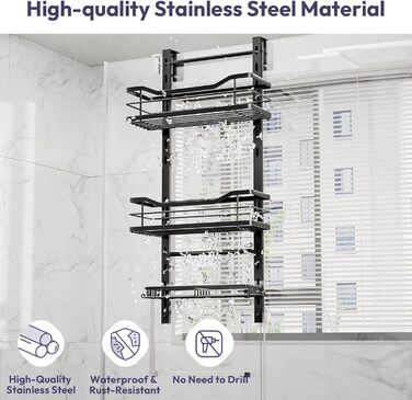 SWTYMIKI Adjustable Hanging Shower Shelf - No Drilling Shower Shelf for Glass Door, Stainless Steel Shower Shelf with Hooks and Soap Holder, Shampoo Holder for Shower, Black