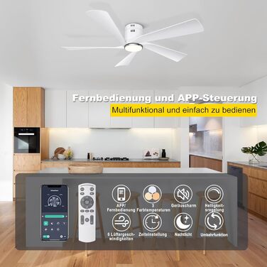 Deckenventilлятор Ohniyou 132 см (52 дюйми) з освітленням, пультом ДУ та керуванням через додаток, регульована яскравість, тихий DC-двигун, для спальні, вітальні, тераси (білий)