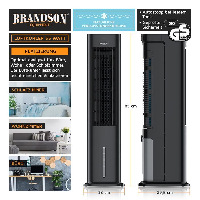 Турбовентилятор Brandson з водяним охолодженням 5 в 1 – володар премії 2025 – з функцією випарного охолодження, вентилятор, мобільний кондиціонер без вихідного шлангу, тихий, 4L резервуар для води.