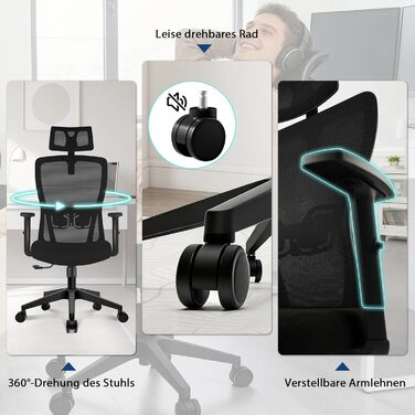 Ергономічне офісне крісло з регульованою спинкою та підголівником, до 150 кг, чорне X-Large