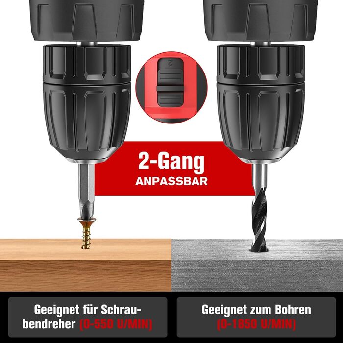 Акумуляторний дриль-шуруповерт BETENST 21V з 2 акумуляторами 2.0Ah, 42Nm, 25+3 ступені крутного моменту, 2 швидкості, LED-підсвічування, 30-ти елементний набір для дому, саду та DIY проектів