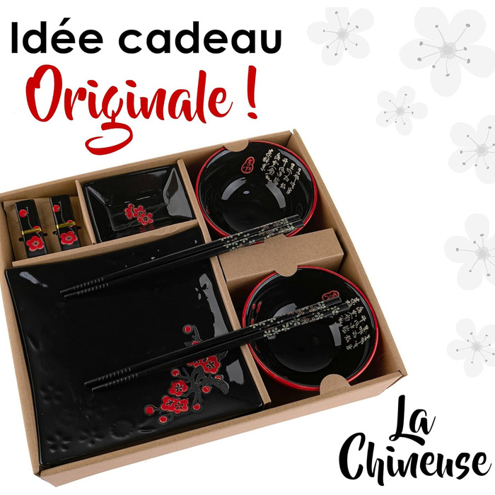 Японський набір для суші: 2 тарілки, палички, підтарілки з порцеляни з квітковим візерунком. Ідеальний подарунок