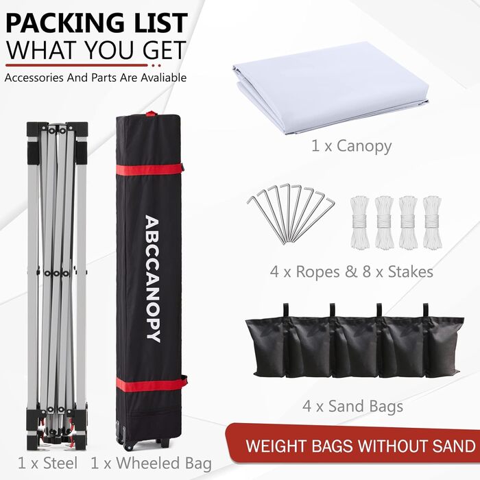 ABCCANOPY 3x3M Pop Up Gazebo Waterproof Festival Sunshade Outdoor Pavilion with Rolling Bag, Bonus 4x Weight Bags, 4x Ropes, 4x Stakes White Without Side Walls