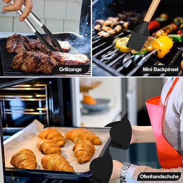 Набір кухонних аксесуарів Homikit 15 предметів з чорного силікону та дерев'яними ручками. Кухонний аксесуар, стійкий до високих температур, легко миється. З підставкою для аксесуарів.