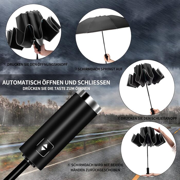 Складаний парасоль від Knirps з автоматичним відкриванням/закриванням, 10-ти реберний (3+2 посилені), з відбиваючими смугами, захист від сонця, для подорожей та авто