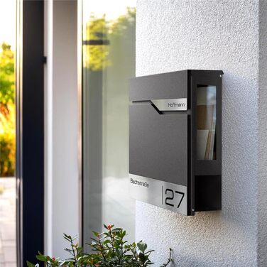 Поштовий ящик Metzler® з газетницею та табличкою з нержавіючої сталі V2A, стійкий до іржі, сучасний дизайн, 10 років гарантії на запчастини, опції монтажу та аксесуари, колір Eisenglimmer Db 703