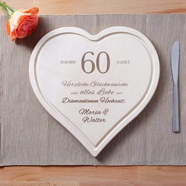 Casa Vivente Heart Cutting Board with Personalized Engraving and Juice Groove, Diamond Wedding Anniversary Wishes with Name and Date, 30 x 30 CM