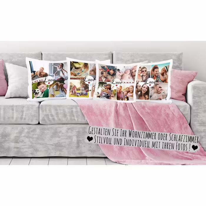 Print Royal Pillow with Filling - Create your own photo collage with a saying - Love - with four of your own photos - Photo pillow gift idea - Light blue back cushion