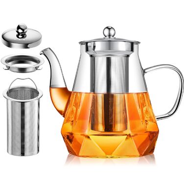 Скляний чайник для чаю STNTUS 1.2л з ситечком та підігрівачем з нержавіючої сталі, заварник для листового чаю