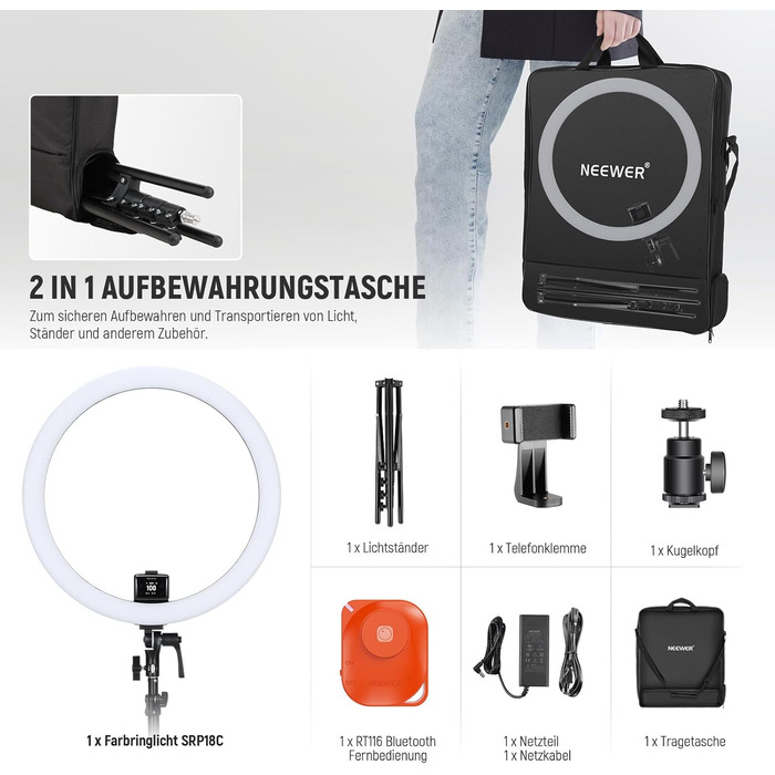 NEEWER кільцева лампа 20 дюймів LED з триподом та тримачем для телефону, 44 Вт 3200K-5600K з акумулятором, USB, для макіяжу, тату, вій, YouTube, TikTok, відеозйомки (SRP18C)