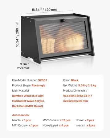 Дерев'яна коробка для хліба VEVOR: органайзер для зберігання з акриловою кришкою, чорний