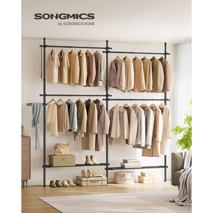 SONGMICS Telescopic Rod Clothes Rack, 3-Tier Wardrobe, Height and Width Adjustable, Open Clothes Closet with 2 Garment Rods and Removable Shelf, Grab Arm, HSR136B01 (Matte Black, 2 Rows (162B~238B) cm)