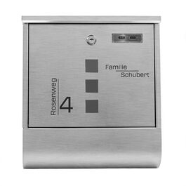 Поштовий ящик Grafner з нержавіючої сталі, персоналізований, з газетницею та 2 ключами. Гравіювання імені, вулиці та номера будинку. Комплект для монтажу входить.