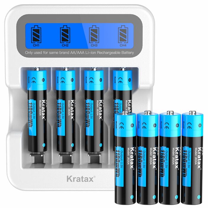 Набір літієвих акумуляторів Kratax AAA 1.5V 1100mWh (733mAh) з LCD-зарядним пристроєм, 8 шт — висока ємність та стабільна напруга