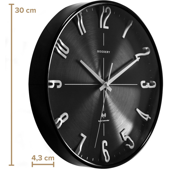 GOODERY Wall Clock Ø 30 cm Silent 3D | Large, Modern, Analog Wall Clock without Loud Tick Sounds, Virtually Silent | Decoration for Every Wall | Clock, Radio Controlled | Radio Controlled Clock (Black/Silver)