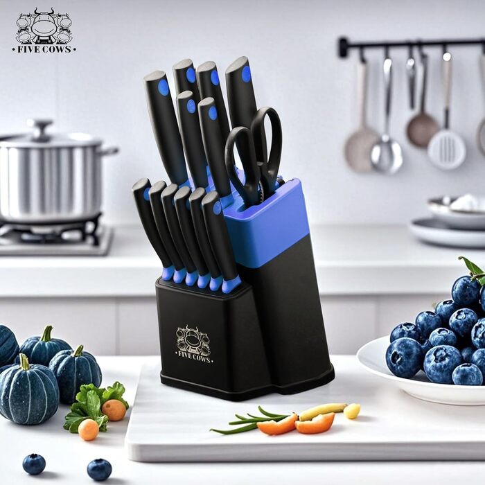 Набір кухонних ножів FIVE COWS (14 предметів) з самозаточуванням, з ножем для стейка та ножицями, синій