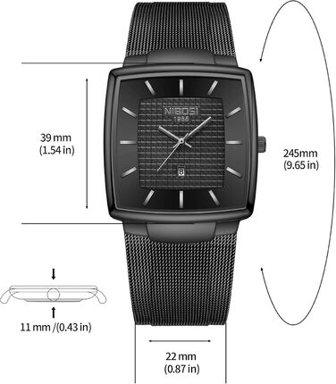 Чоловічий годинник NIBOSI: стильні кварцові годинники з датою, водонепроникні, з міцним металевим браслетом Mesh, квадратний корпус, військовий стиль