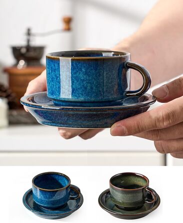 Набір чашок для еспресо HOME DECOR - 6 чашок з підставками, 140 мл, реактивна глазур, блакитний колір