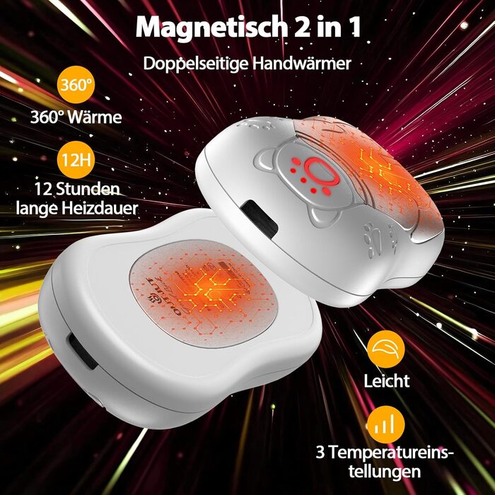 Електричний гріє для рук OUTJUT 2 шт., 12000mAh з магнітом, USB, для спорту на відкритому повітрі, бічне нагрівання, білий