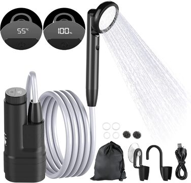 Portable Camping Shower with Pump - Rechargeable Battery Camping Shower Set with 1.8m Hose - Camping Shower Set for Garden, Camping, Car Washing, and Pet Washing (Digital Display)