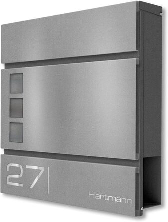 Поштова скринька Metzler Cube антрацит RAL 7016 з лазерним гравіюванням (адреса та номер будинку) та відділенням для газет. Розмір 37x37x10.5 см, колір: сірий алюміній RAL 9007