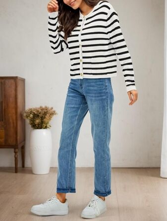 Жакет жіночий короткий з 2 кишенями на ґудзиках, смугастий, в'язаний, кардиган, мода, осінь (L, білий)