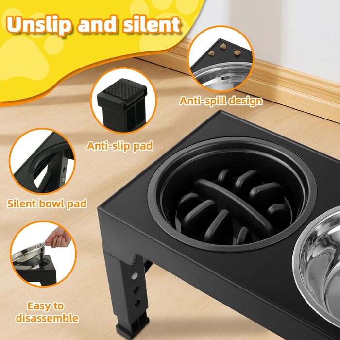 Підвищена годівниця для собак, регульована висота, великі породи - 2 x миска з нержавіючої сталі (1200 мл) + 1 x повільна годівниця (800 мл) - антиковзна станція для годування середніх/великих собак, чорний/сірий колір