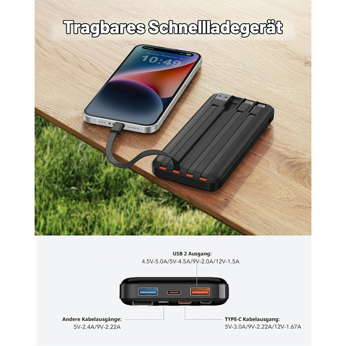 Повербанк Charmast 20000 mAh з вбудованими кабелями, швидка зарядка 22.5W, чорний