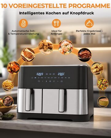 Аерофритюрниця WELLENT Dual Zone XXL 11л - 2950W з 2 камерами (6+6л), функцією Match & Sync, вікном огляду, таймером та можливістю миття в посудомийній машині