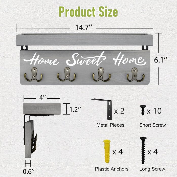 Key board with shelf, wooden key holder with 4 hooks, wall-mounted key rack for entryway, hallway, bedroom, living room, White (Green)