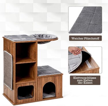 Кігтеточка для котів COSTWAY з будиночком та килимками, дерев'яний дім-кігтеточка, активний комплекс для котів 69x39x80,5 см, вінтажний стиль