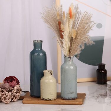 Набір керамічних ваз у 3 штуках, кольоровий, стиль кантрі, рустикальний, для декору полиці, столу, каміна, вітальні, кухні, прихожого. Кольори: сірий, блакитний, бежевий